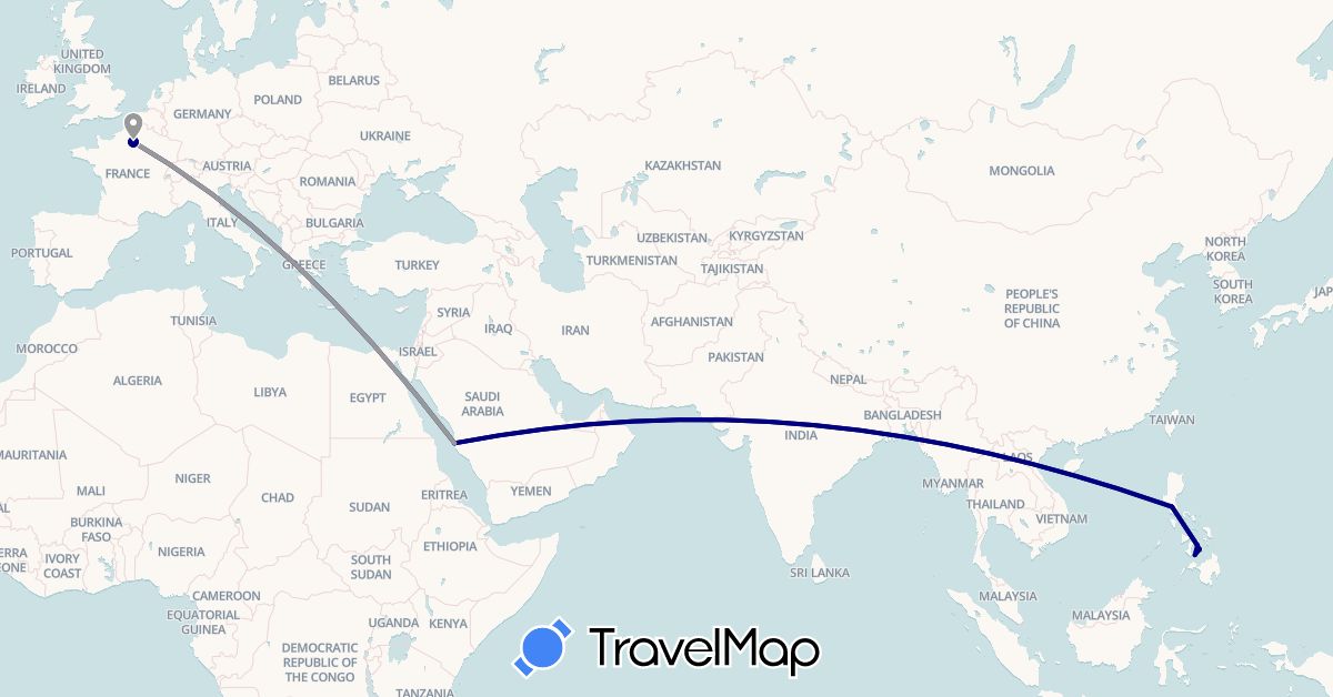 TravelMap itinerary: driving, plane in France, Philippines, Saudi Arabia (Asia, Europe)
